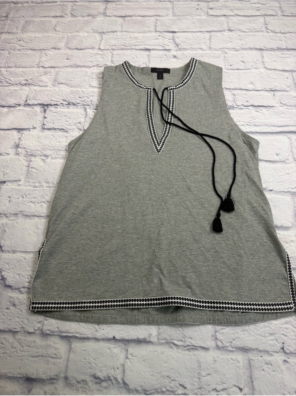J. Crew Gray Sleeveless Tank with Black Tassel Trim. Size Small